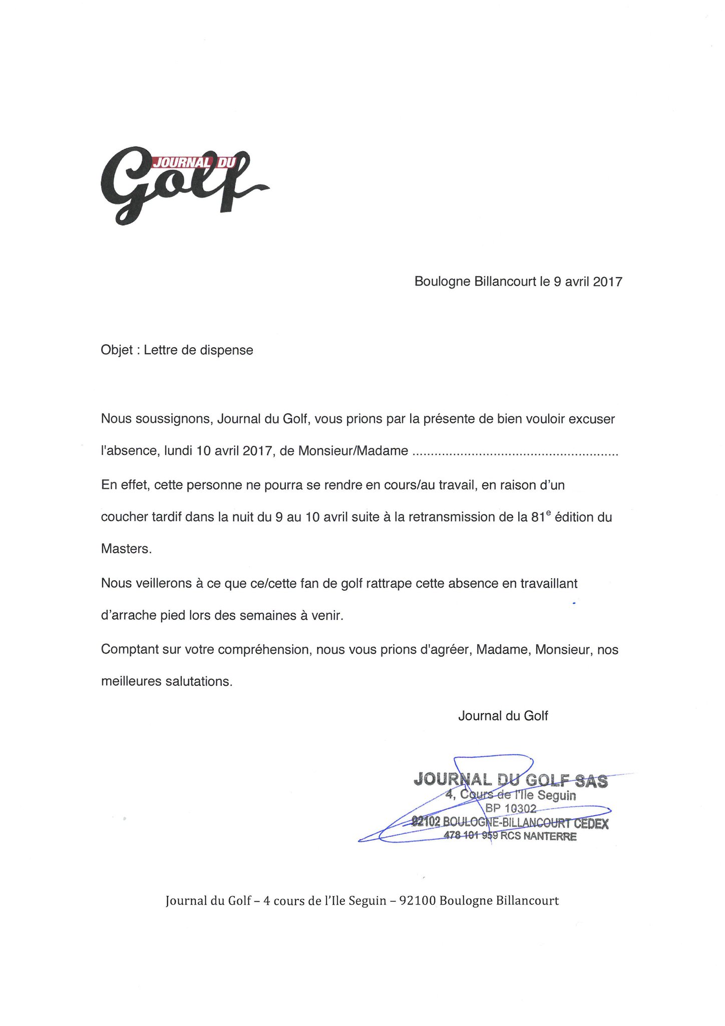 Journal Du Golf Ar Twitter Telechargez Et Imprimez Notre Lettre D Excuse Pour Demain Et Suivre Le Masters Jusqu Au Bout Le Direct T Co S9akfsmxql T Co Pzjoqy58tm