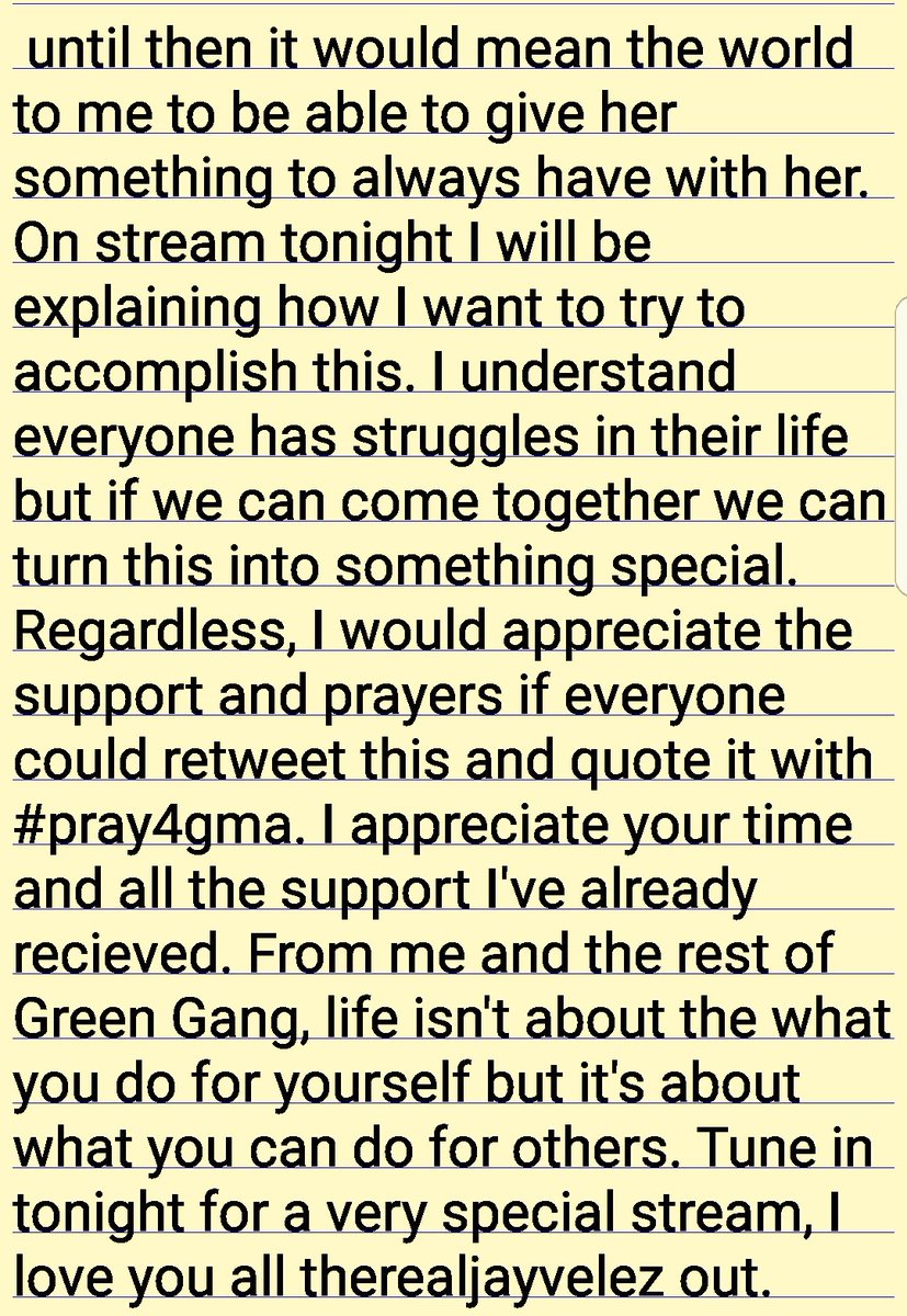 therealjayvelez's tweet photo. If everyone could please read and retweet this it would mean the world to me. Going through a rough time and I need my family. #pray4gma https://t.co/mCgUzrXJE0
