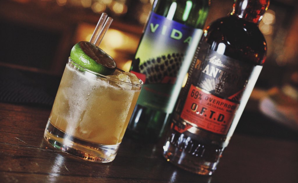 Aztec Gold - Plantation OFTD rum, Del Maguey Vida Mezcal, Ginger Agave, bitters &amp; Lime