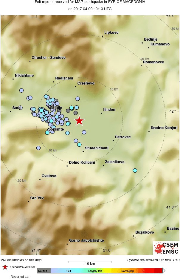 M2.7 #earthquake strikes 8 km E of #Skopje (FYR of Macedonia) 19 min ago. Effects reported by witnesses:
