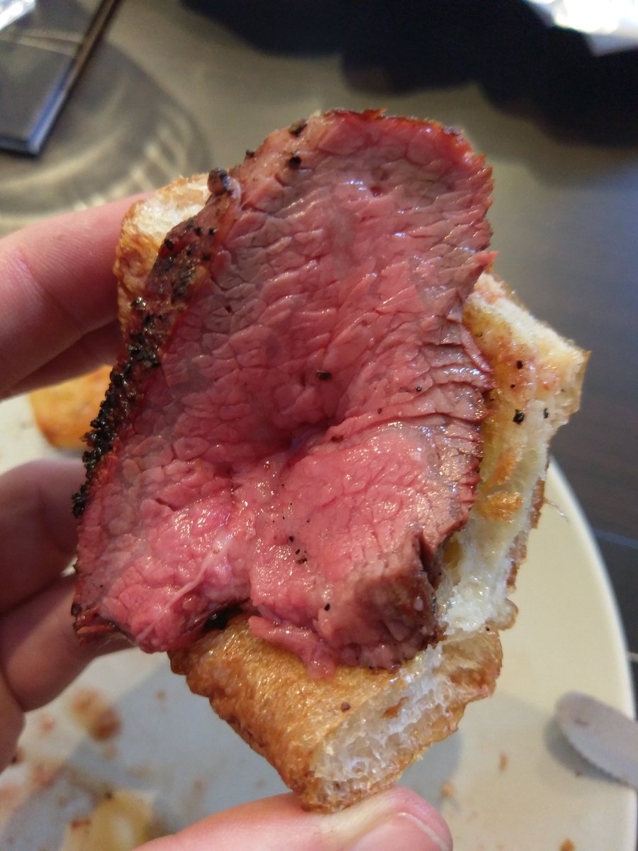 So happy with this one. BBQ Tri-Tip as our roast.
Nice crust outside. Medium/Rare? inside.
Bacon fat roast potatoes and Yorkshires.