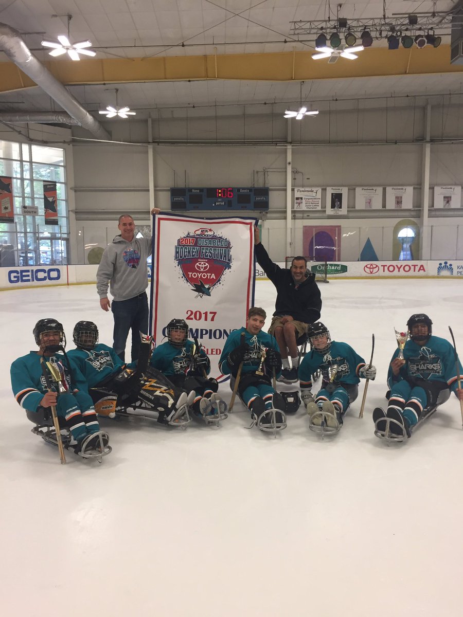 SharksIce's tweet photo. Congrats to the Sharks Sled hockey team on their 2017 Youth Sled C National Championship! #sledfun #disabledfestival https://t.co/wy2gYyGkul