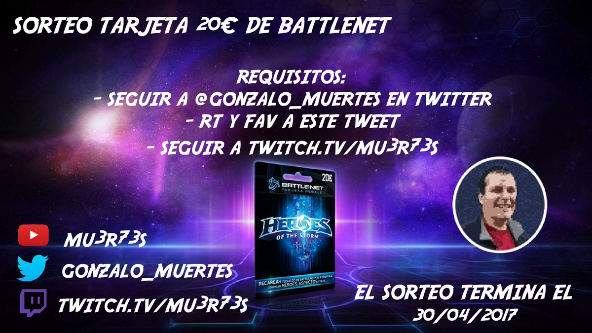 Gonzalo_Muertes's tweet photo. 💰#Sorteo Tarjeta de 20€ para #Battlenet 💰

Follow + RT:

🎙️@Gonzalo_Muertes
📺https://t.co/6CwlQ2DMvn

  #HotS #WoW #HearthStone #Overwatch https://t.co/qYKHh4unUn