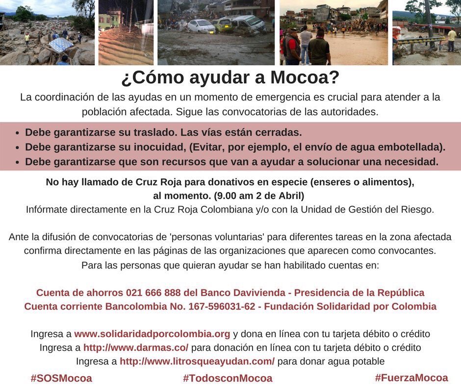 Así podemos ayudar a Mocoa y ser solidarios con nuestros hermanos de #Putumayo #MocoaSomosTodos