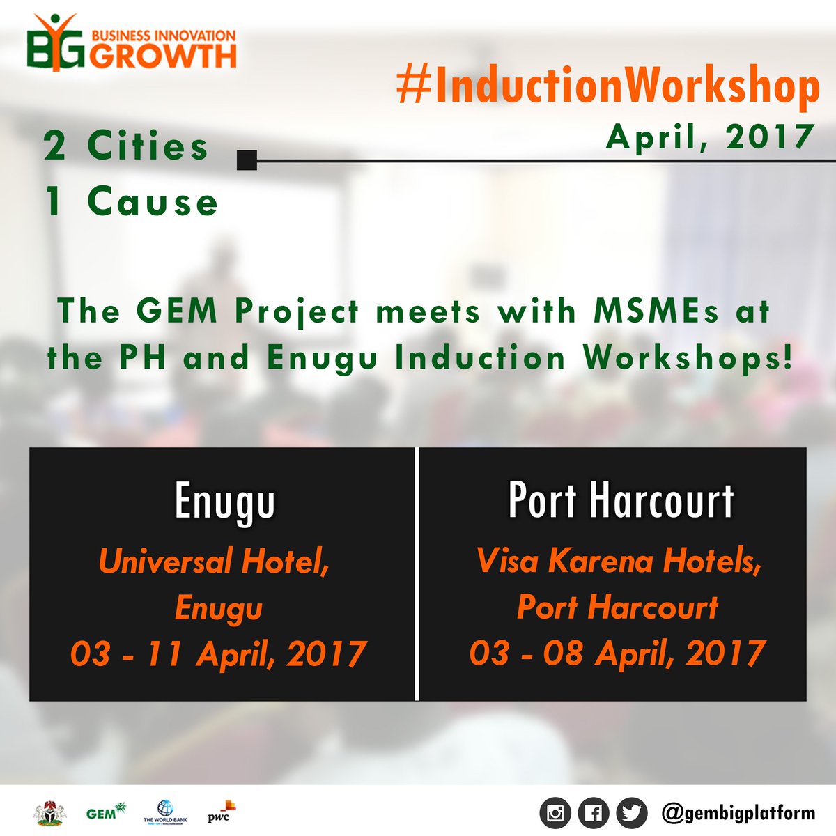 GEMBIGPlatform's tweet photo. #BIGPlatform train is on the move again!
#Enugu and #Portharcourt get ready as we'll be LIVE in your city for the #InductionWorkshop. https://t.co/1HF3D0xdHM