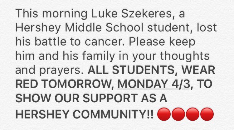 HHS__2017's tweet photo. HERSHEY, WEAR RED TOMORROW IN SUPPORT OF LUKE ❤️ https://t.co/JjIRC8JxMs
