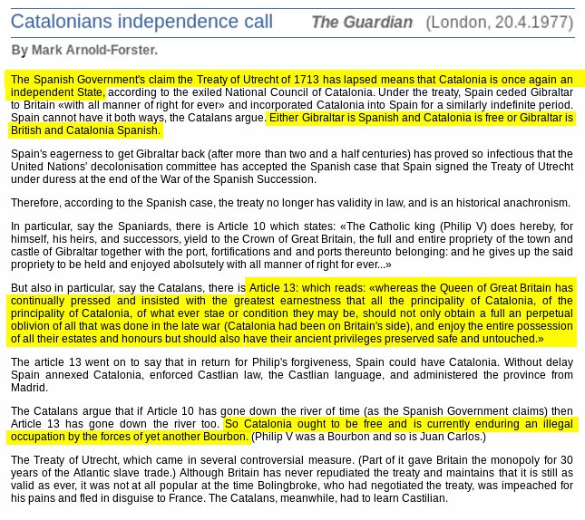 denterd's tweet photo. The Guardian (20/4/1977) on #Gibraltar &amp; #Catalonia: If 1713 Utrecht's Treaty is no longer valid, Catalonia should recover its #independence https://t.co/kSiWEzcaOU
