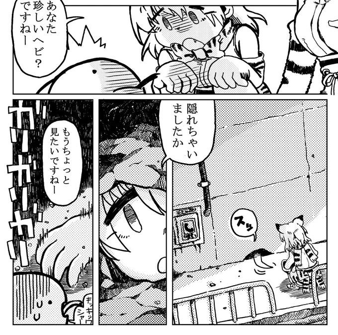 4/9(日)のジャパリケットでは『フレンズと獣』ってタイトルの、
フレンズと獣のふれあいを描いた短編をいくつかまとめた本を頒布予定です。(画像はスナネコはんとツチノコのお話の一部です)
スペースはP16、あおひげくらぶさんの場所をお借りします 