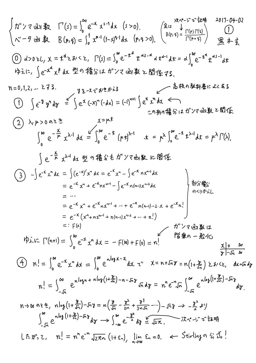 黒木玄 Gen Kuroki 数楽 高校数学iiiの教科書が手元にある人は実際にガンマ函数やベータ函数に関係した積分があちこちに出て来ることを確認できる 添付画像はガンマ函数について