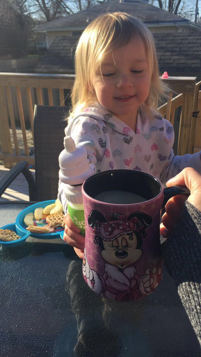 SaraJane729's tweet photo. Breakfast on the deck with my best girl!  
#MinnieMug  #GirlMom #CountdownToDisney #SundayMorning #BeforeMass #Peaceful #CoffeeAndMilk https://t.co/jYlyNDYguF