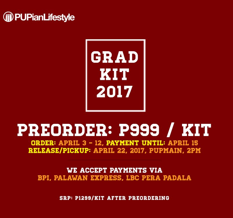 pupianlifestyle's tweet photo. #GradKit 2017 is now open for Preorder. Only P999 per Kit send us a DM now or msg us at https://t.co/tV4YSsP8gM https://t.co/B4QTGVM7xh