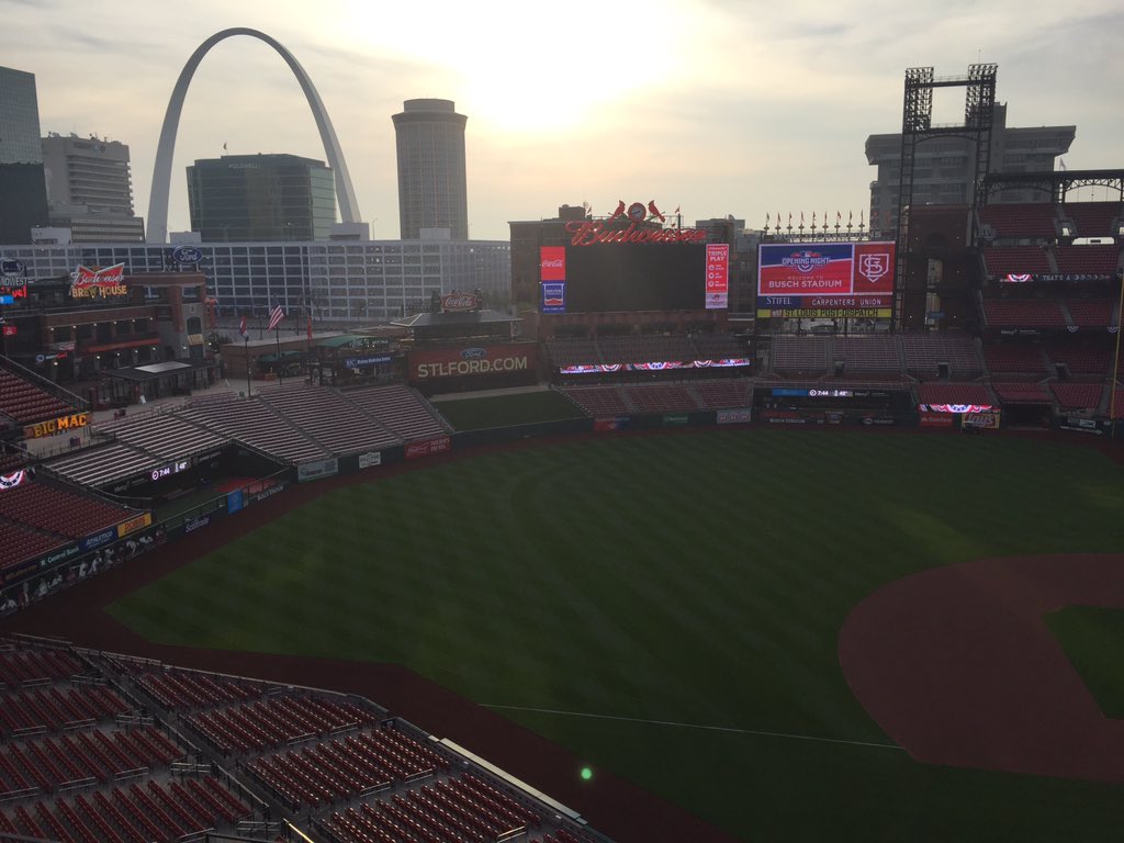 Cardinals's tweet photo. Good morning St. Louis! 

Less than 12 from first pitch and a forecast of ZERO percent chance of rain! https://t.co/NmiWT3K8Qb