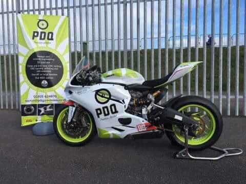 PDQprecision's tweet photo. Bike before my excursion at McCleans. Big thanks to Sian from Spyre for fantastic colours and banner. #spyreltd #bikegraphics #bsbdonington https://t.co/yAbwAxgvMq