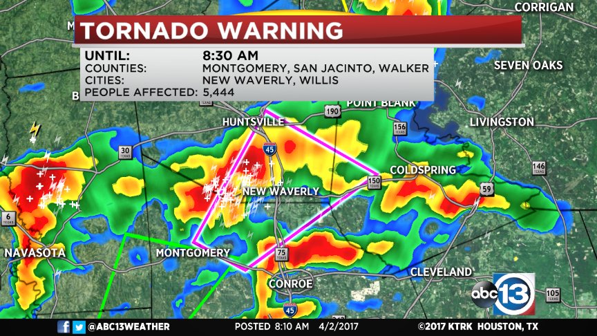 TravisABC13's tweet photo. 8:10AM: Tornado warning continues north of Houston. We are live: https://t.co/pAd8BkkGvb https://t.co/3c2XQibdjZ
