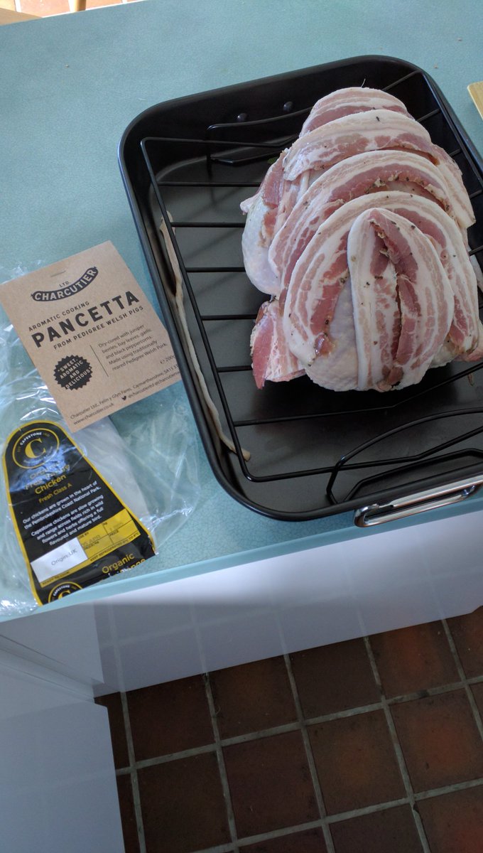 Our roast today is a <a href="/capestonefarm/">Capestone Farm</a> organic chicken covered with @CharcutierLtd #pancetta   All available from us. #shoplocal #organic