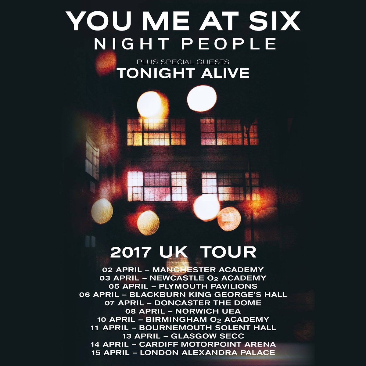 MancAcademy's tweet photo. YOU ME AT SIX SHOWTIMES
Doors: 6.30pm | @blackfoxxes 7.05pm | @TonightAlive 7.50pm | @youmeatsix 9pm | Curfew: 11pm
£31 OTD https://t.co/kgnWPP2oQJ