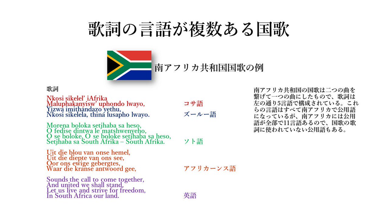 O Xrhsths 世界の国歌bot Sto Twitter 世界には歌詞の言語が複数ある国歌が幾つかあります カナダのように同じ内容の歌詞 が複数あるという例が多いですが スリナムや南アフリカのような例もあります T Co 0ja9fgb4fc