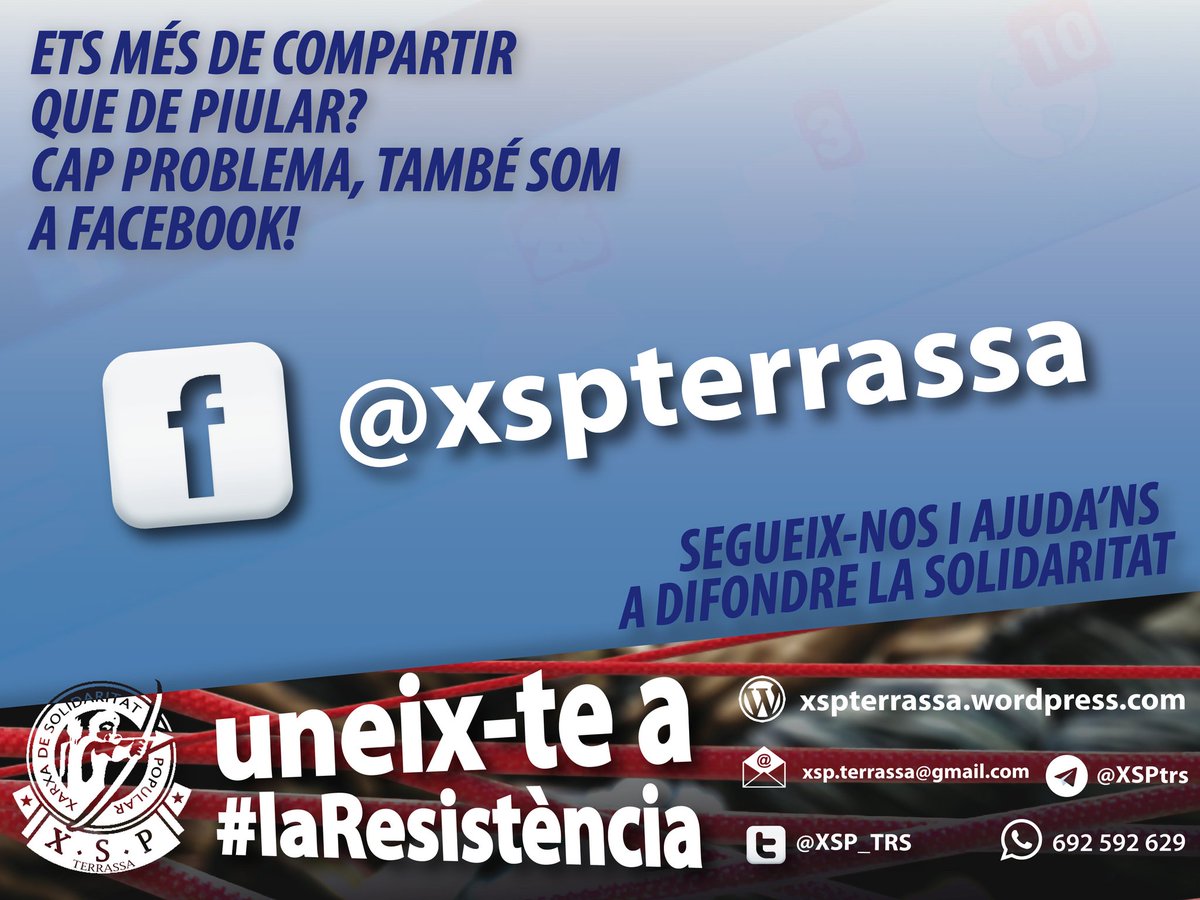Ets més de facebook?
Segueix-nos i uneix-te a #laResistència!
facebook.com/xspterrassa/