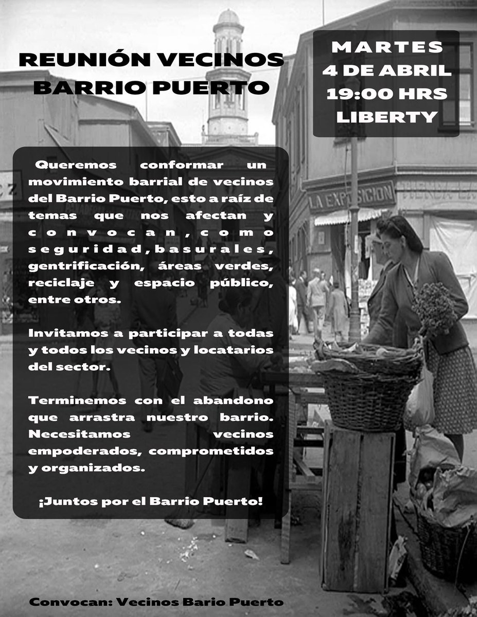 Pilarparavalpo's tweet photo. Reunión vecinos barrio puerto, martes 19:00 hrs, arriba el movimiento barrial! https://t.co/OmneGDcaPQ