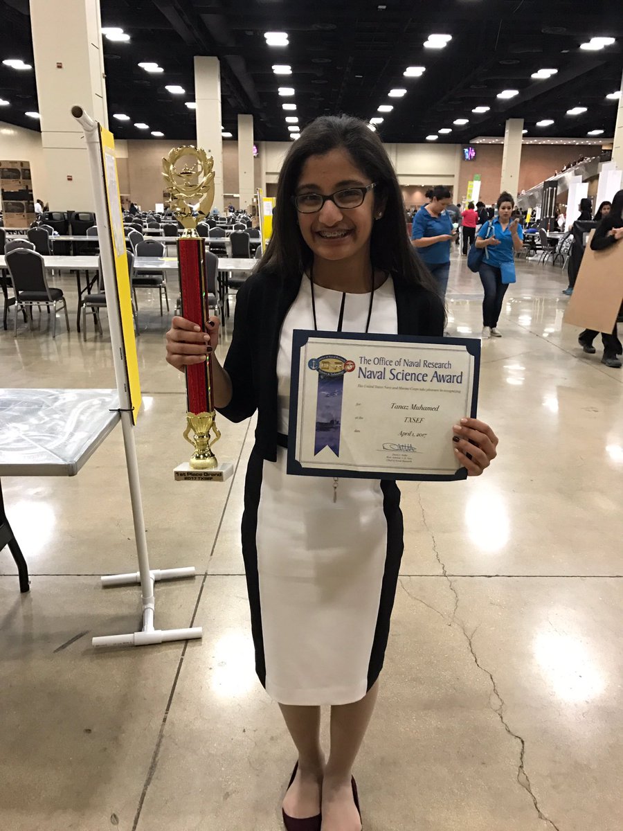 CowleyTeacher's tweet photo. Congrats Tanaz Muhamed-1st Place Grand Prize - Life Sciences at State Science Fair &amp; Naval Research winner! #pisdsciencefair #ottobobcats https://t.co/NsIOCO5vWj