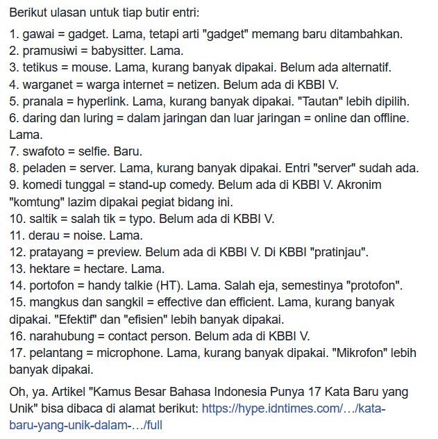 Ini ulasan atas artikel viral "KBBI Punya 17 Kata Baru Yang Unik" goo.gl/O7r5dB via <a href="/IvanLanin/">Ivan Lanin</a>