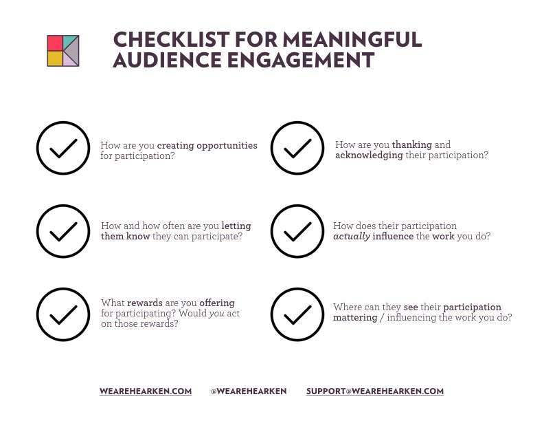 JenniferBrandel's tweet photo. Better late than never! Checklist for *meaningful* engagement from my @wearehearken talk on Friday morning at #cmglc2017 https://t.co/cyfTzrqBSi