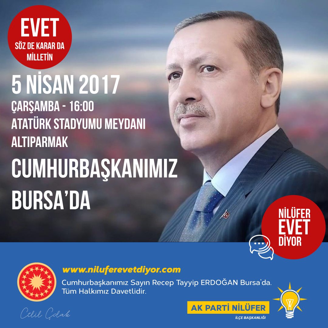 niluferevet's tweet photo. Cumhurbaşkanımız Sayın Recep Tayyip ERDOĞAN Bursa’da. Tüm Halkımız Davetlidir. Nilüfer Evet Diyor.  🇹🇷🇹🇷🇹🇷 #nilüferevetdiyor #akpartinilüfer https://t.co/qD9SUUx9oD