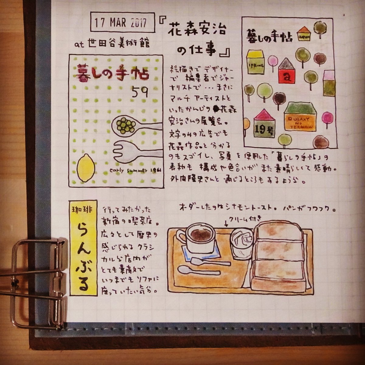 Maki Ar Twitter 3 17の絵日記 暮しの手帖 で有名な花森安治さんの展覧会に行ったこと 新宿の喫茶店 らんぶる で食べたシナモントーストのことなど 花森さんの作品はイラストの素晴らしさはもちろんのこと 写真を使用した表紙の色使いや構成などはいま見ても