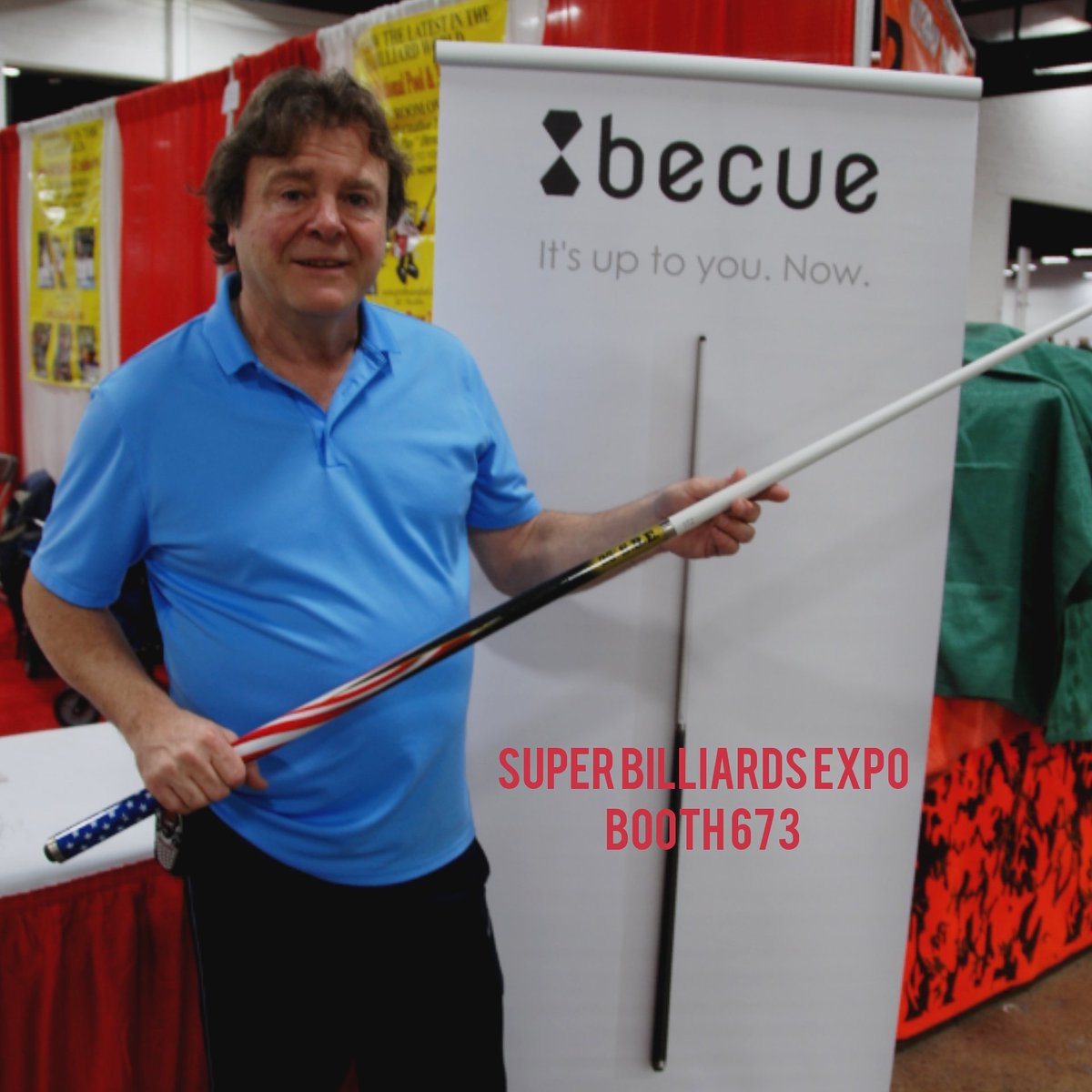 becueofficial's tweet photo. Thanks to Mr. Hopkins to visit booth 673 and try #becue special edition #superbilliardsexpo #sbx #sbe #poolplayer #billiard #9ball https://t.co/KzEeikGruE