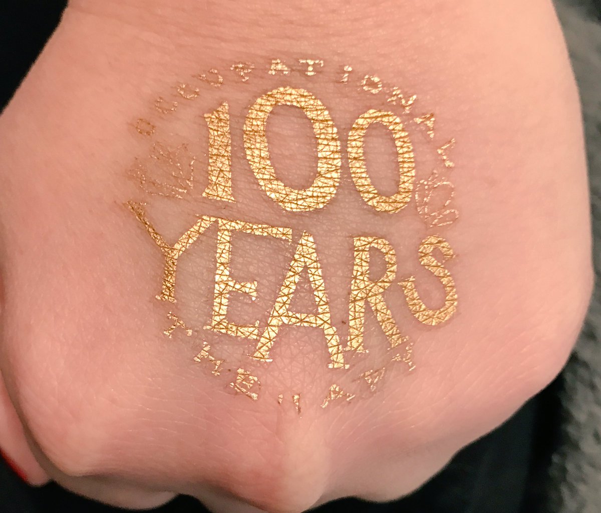 OtsAcjameson's tweet photo. I will be sad when this temporary tat fades. Cheers to 100 years of a noble profession! @OTStevenB https://t.co/1630l6W5dv