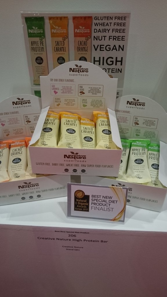 creativenature's tweet photo. What an amazing 1st day at @NatProductsShow! Finalist for Best New Special Diet product for our new #protein bars, #FingersCrossed! https://t.co/OYaVRm1brH