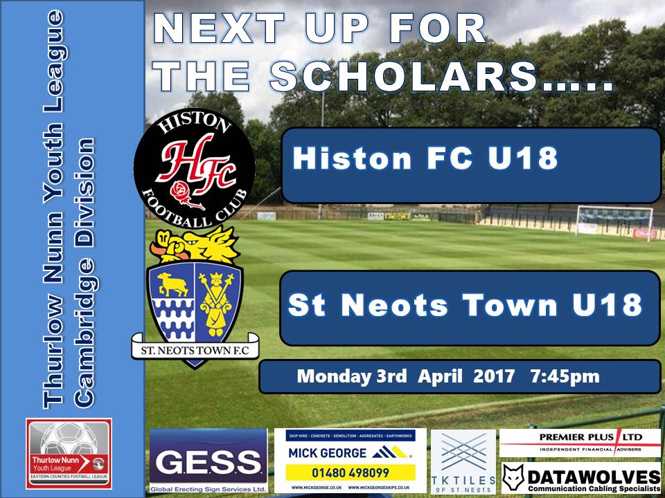 Massive game for <a href="/SNTFCScholar/">Scholarship @StNeotsTownFC</a> tomorrow night as they travel to <a href="/HistonAcademy/">Histon Academy</a> <a href="/HistonFC/">Histon Football Club</a> 
Good Luck lads !!!!!!
