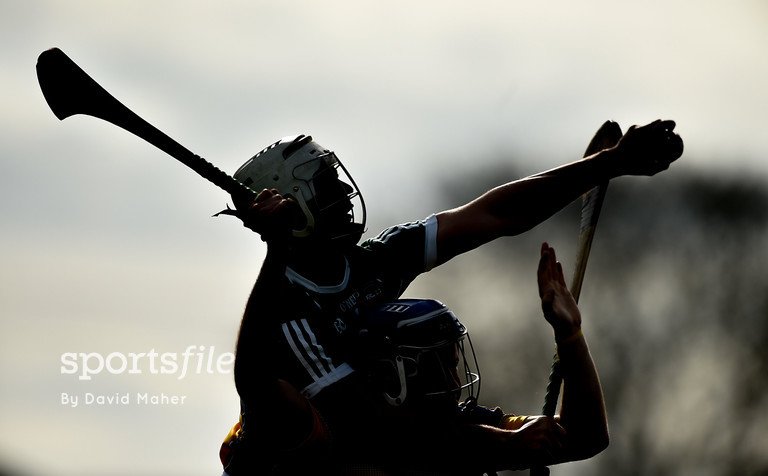 sportsfile's tweet photo. Michael Cleary &amp; John McGrath compete for a ball in the Allianz Hurling League Division 1 Quarter-Final match between Offaly and Tipperary. https://t.co/0DSnJZZjlq