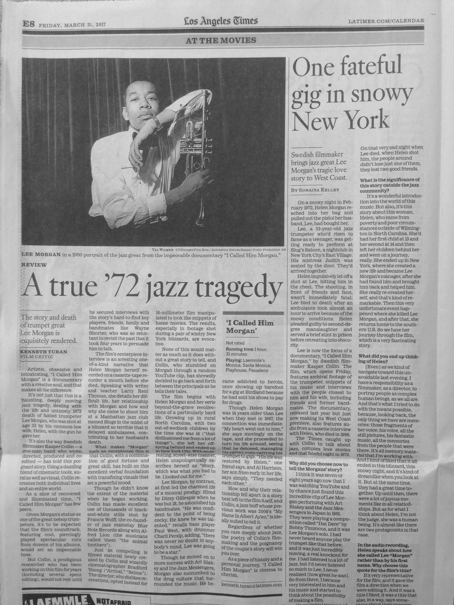 ICHMorgan's tweet photo. Full page in @latimes!
#KennethTuran calls I CALLED HIM MORGAN intoxicating
Playing now @FilmLinc @MetrographNYC @laemmlemonica @playhouse7 https://t.co/fDZK7AWINx