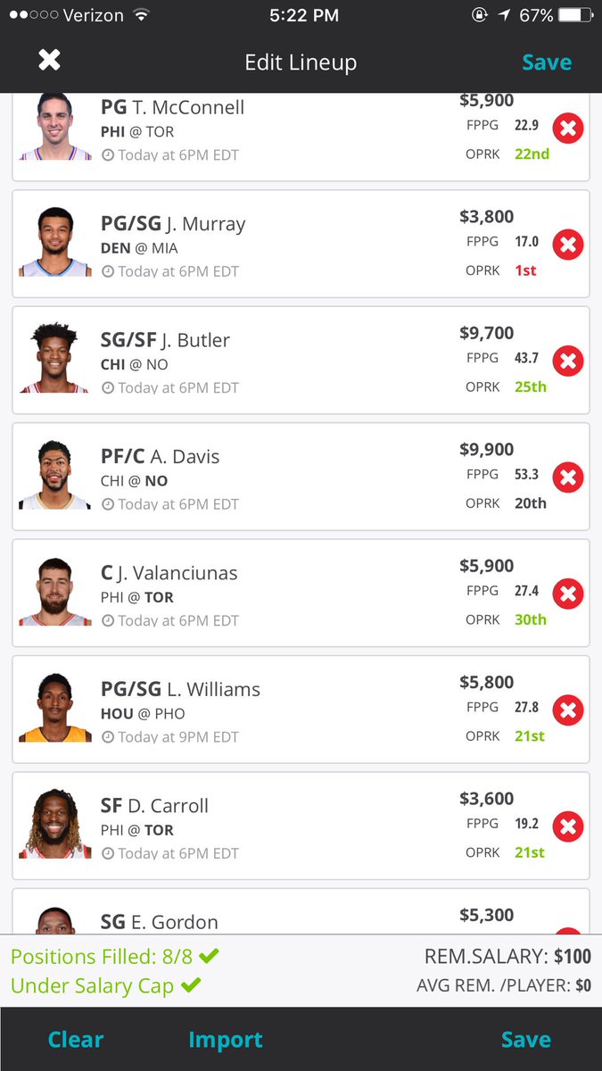 DFSHurricane's tweet photo. Didn't cash last night but that was the first time all week here's gpp and cash lineups for tonight https://t.co/MyoxBjHoog