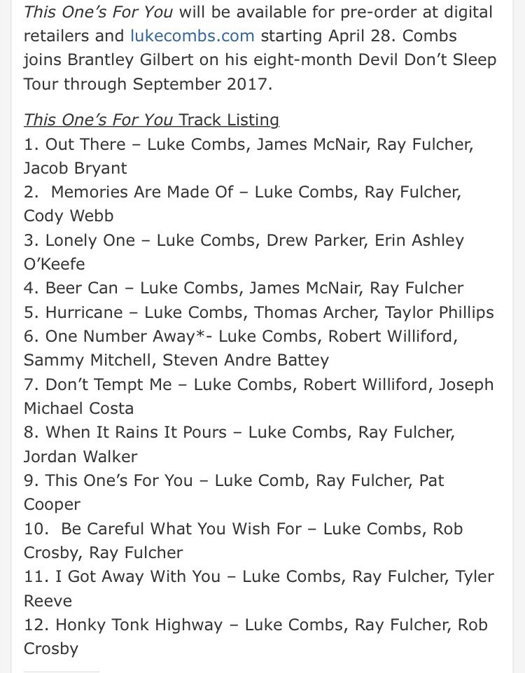Country___Lyric's tweet photo. Luke Combs' tracklist for his upcoming album "This One's For You" https://t.co/sRjqivTGJC