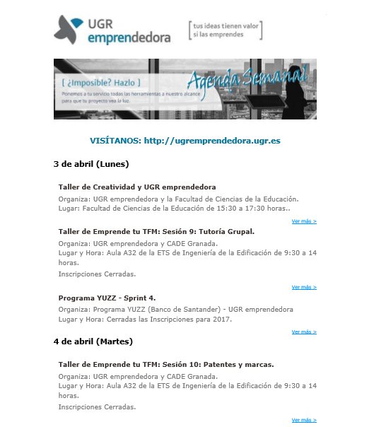 UGRemprendedora's tweet photo. 🗓 Agenda semanal de emprendimiento en @CanalUGR
🚩 Actividades e inscripciones a programas
‼️ Suscríbete😉👉https://t.co/eOGui6U12A https://t.co/Yx90vMrcyO