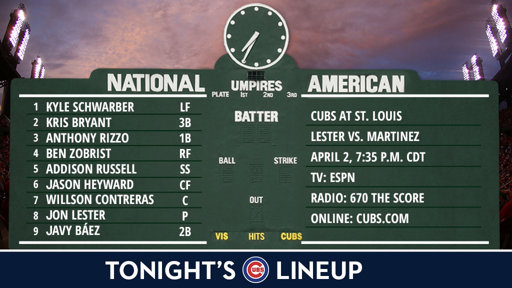 Cubs's tweet photo. Here is your 2017 #Cubs #OpeningDay lineup! 

Game preview: https://t.co/SPOgVGGiEq https://t.co/jXZSN2Gsb8