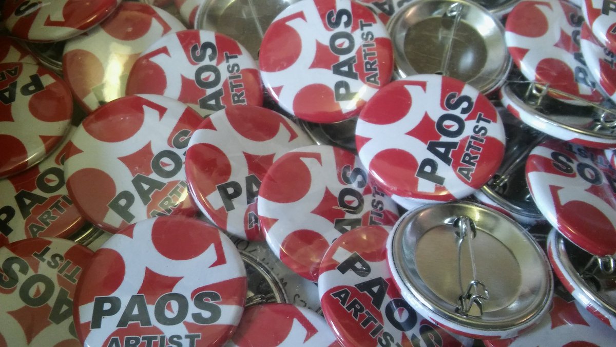 Thanks to @lovesbadges for our new cool artist pin badges #PAOS2017 #OpenStudios2017 <a href="/ArtofTonyNero/">Tony Nero</a> looking good! #Peterborough