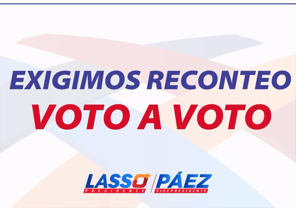 andrespaezec's tweet photo. EXIGIMOS EL RECONTEO @LassoGuillermo @CesarMongeO @CREOEcuador @23Suma @cnegobec @JuanPabloPozoB @ecuadorenvivo @ecuavisa @CanalRTU https://t.co/0rOLBrMhbW