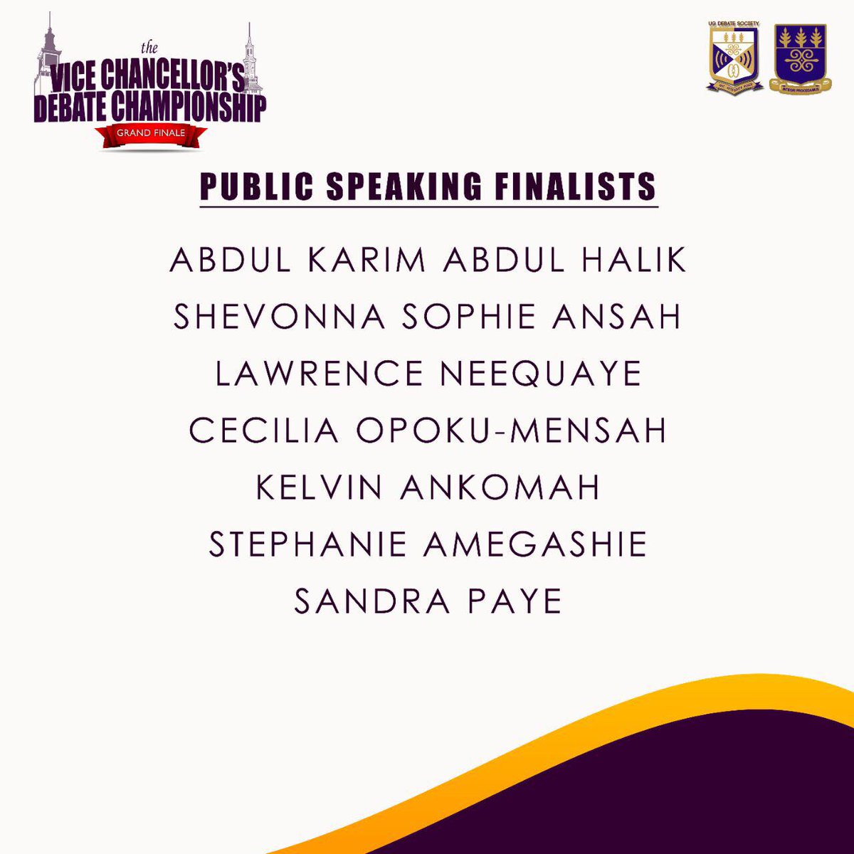 ug_debate's tweet photo. #VCDC17 

Public Speaking Finalists.
Join us at the 🏢Great Hall
🕖 2pm prompt
 📆7th April,2017. https://t.co/czJzXI1JL5