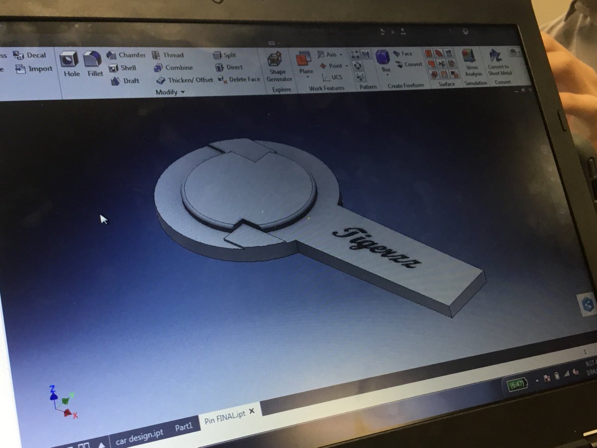 CruzinBanditz's tweet photo. This is our finished pin design. We tried to add the school logo and the F1 logo but they didn't turn out. #pmhstem #Tigerzz https://t.co/B5gzl0IaIo