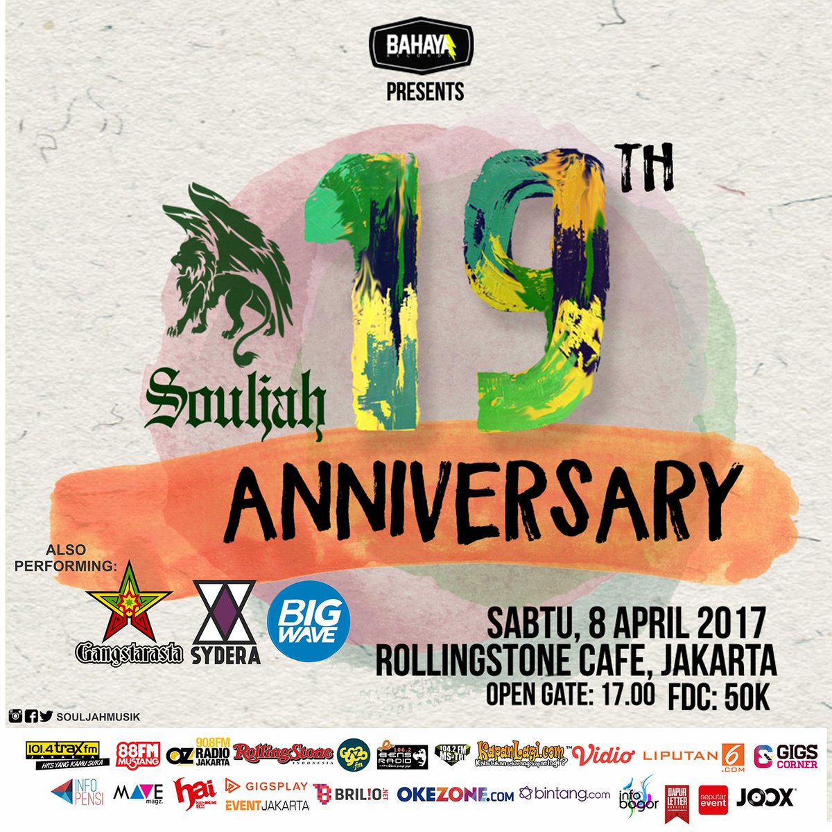 #SOULJAH19THANNIVERSARY  | Sat, 08/04/17 | at @RSCafeINA | performing: <a href="/souljahmusik/">Souljah Indonesia</a> @gangstarasta <a href="/syderaofficial/">S.Y.D.E.R.A.</a> <a href="/bigwavesounds/">BIGWAVE SOUNDS.</a> | HTM: 50k
