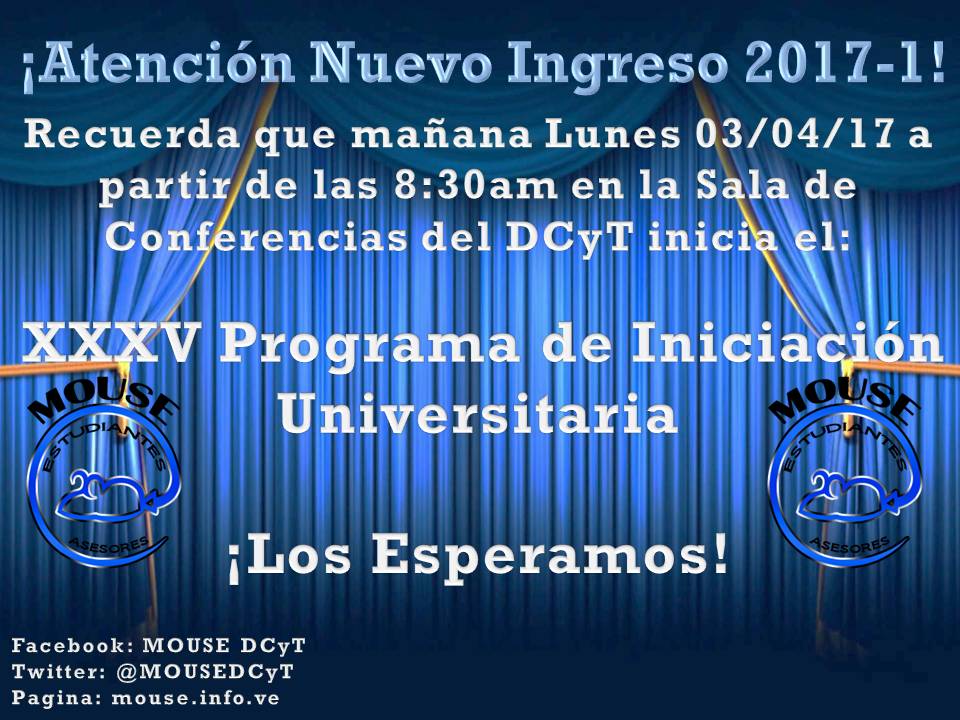 MouseDCyT's tweet photo. Nuevo Ingreso 2017-1 ya lo sabes, la cita es a partir de mañana a las 8:30am en la sala de conferencias del DCyT. 
¡Los esperamos!. https://t.co/n6VeFrFtbx