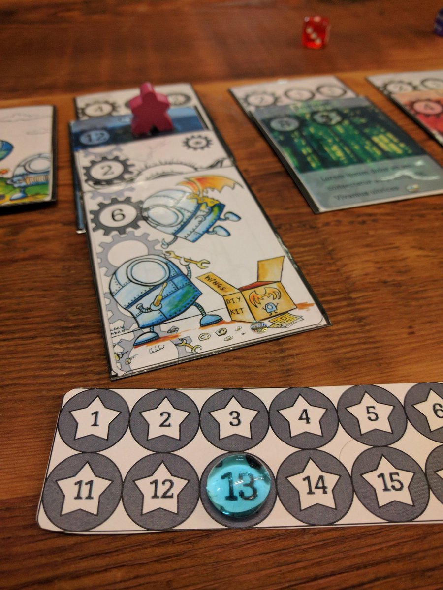 EvilDiceGames's tweet photo. Successful gametest session completed! Thanks to @artbyvikram for the fantastic artwork! #playtest #rivitingrobots #cardgames #tabletopgames https://t.co/bxAJcZT1tT