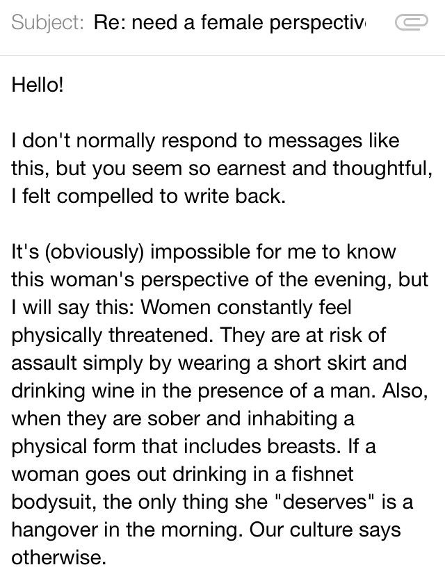 laurenduca's tweet image. A man emailed me about a female friend who felt (perhaps unduly) uncomfortable around him at a bar. My response: