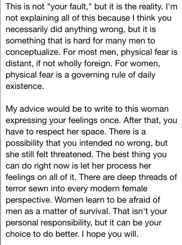 laurenduca's tweet image. A man emailed me about a female friend who felt (perhaps unduly) uncomfortable around him at a bar. My response: