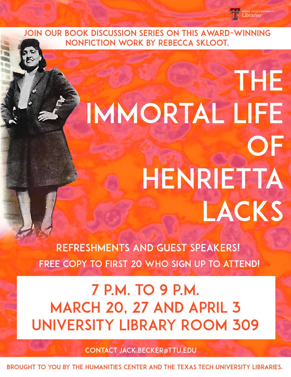 TexasTechLib's tweet photo. Join us tomorrow as we wrap up our book discussion series on "The Immortal Life of Henrietta Lacks." #HeLaCellLine #ReadEmWreckEm https://t.co/hw03VP4fxH
