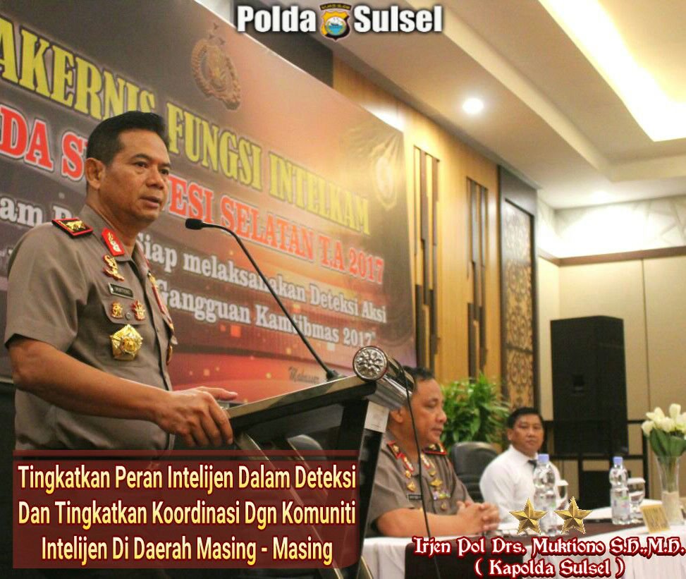 Polda Sulsel, Direktorat Intelkam Polda Sulsel melaksanakan Rakernis di Ballroom Ballalompoa Hotel Harper Perintis. Senin (3/4/2017).