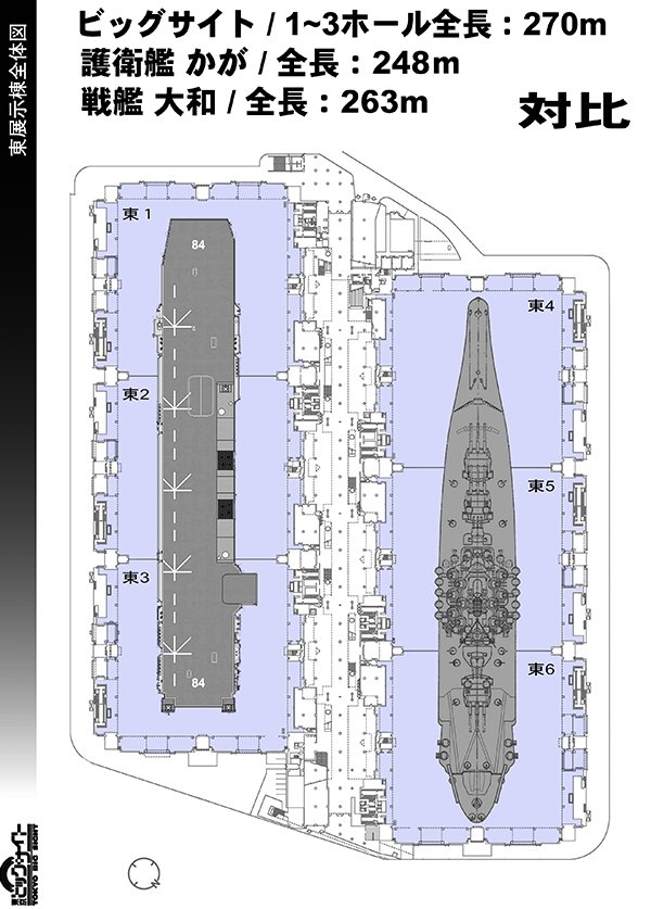טוויטר しづき みちる C99 1日目南る 41b בטוויטר いずも型護衛艦 かが の写真にビッグサイトの図面を重ねて対比してみました おおよそこんな感じでしょうか 大きいですね ビッグサイト ホール全長270m 護衛艦かが 全長248ｍ ビッグサイト対比 護衛艦